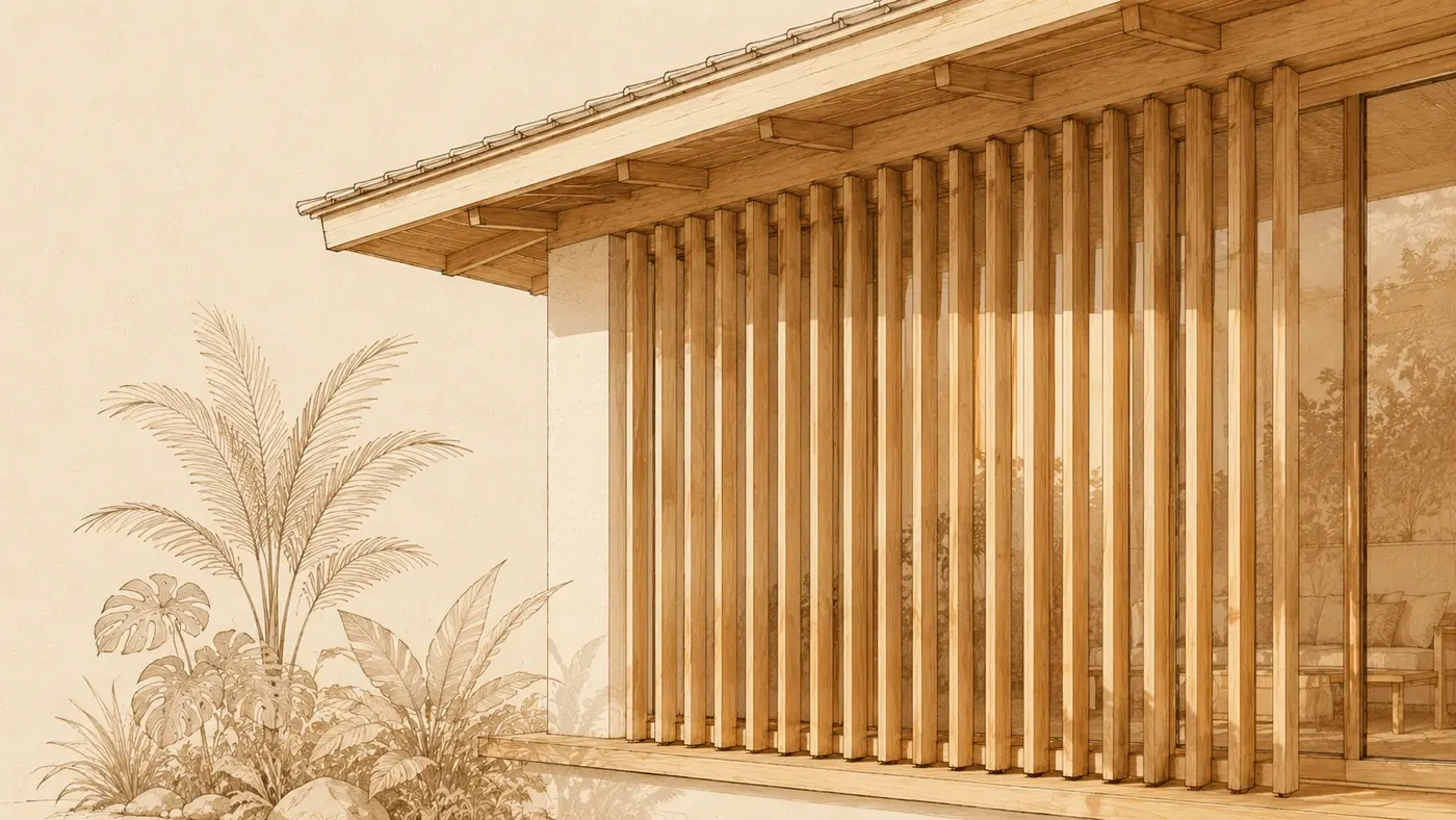 Façade de maison tropicale avec brise-soleil en lames de bois