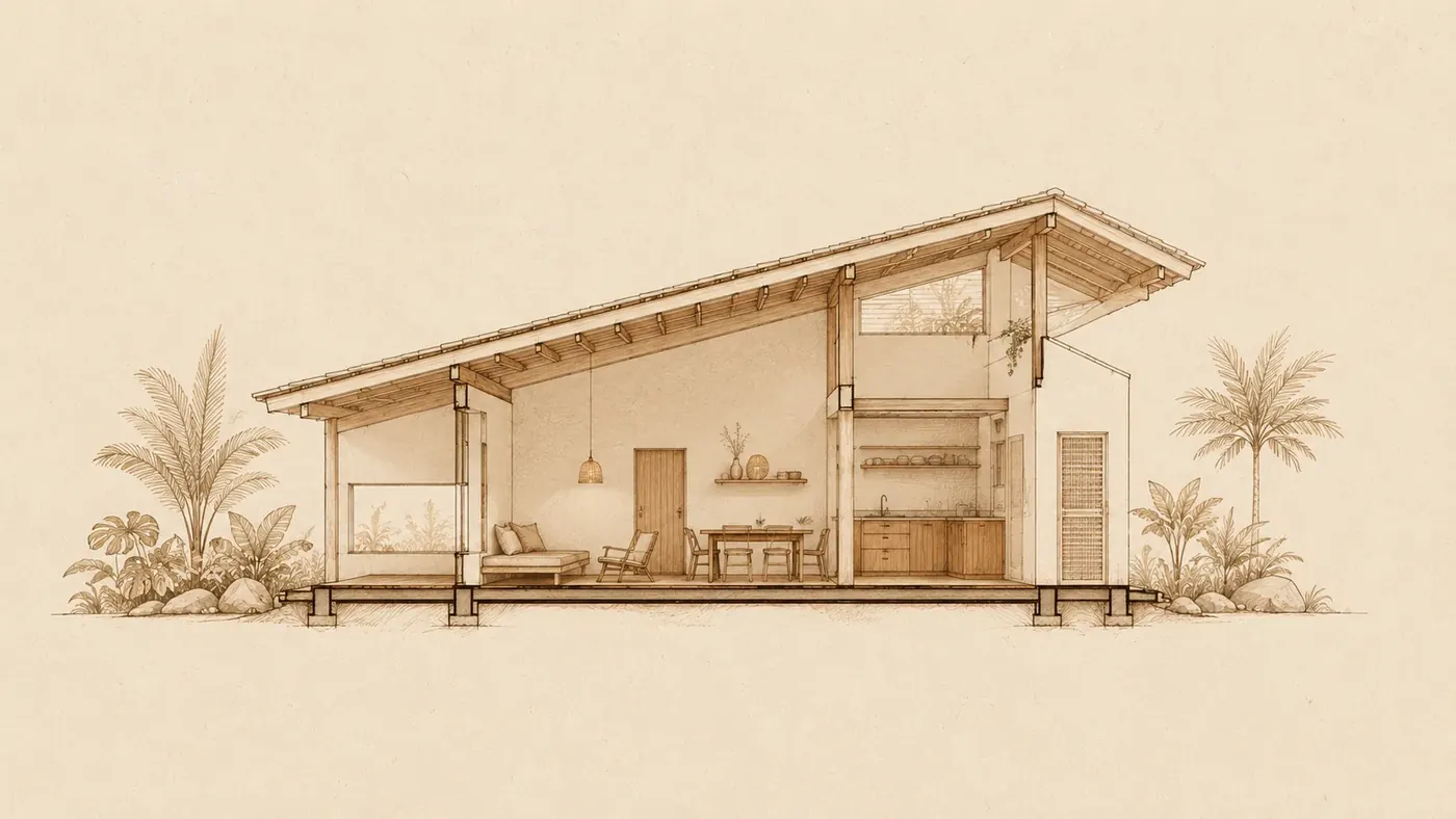 Coupe d'une maison bioclimatique tropicale : ventilation traversante